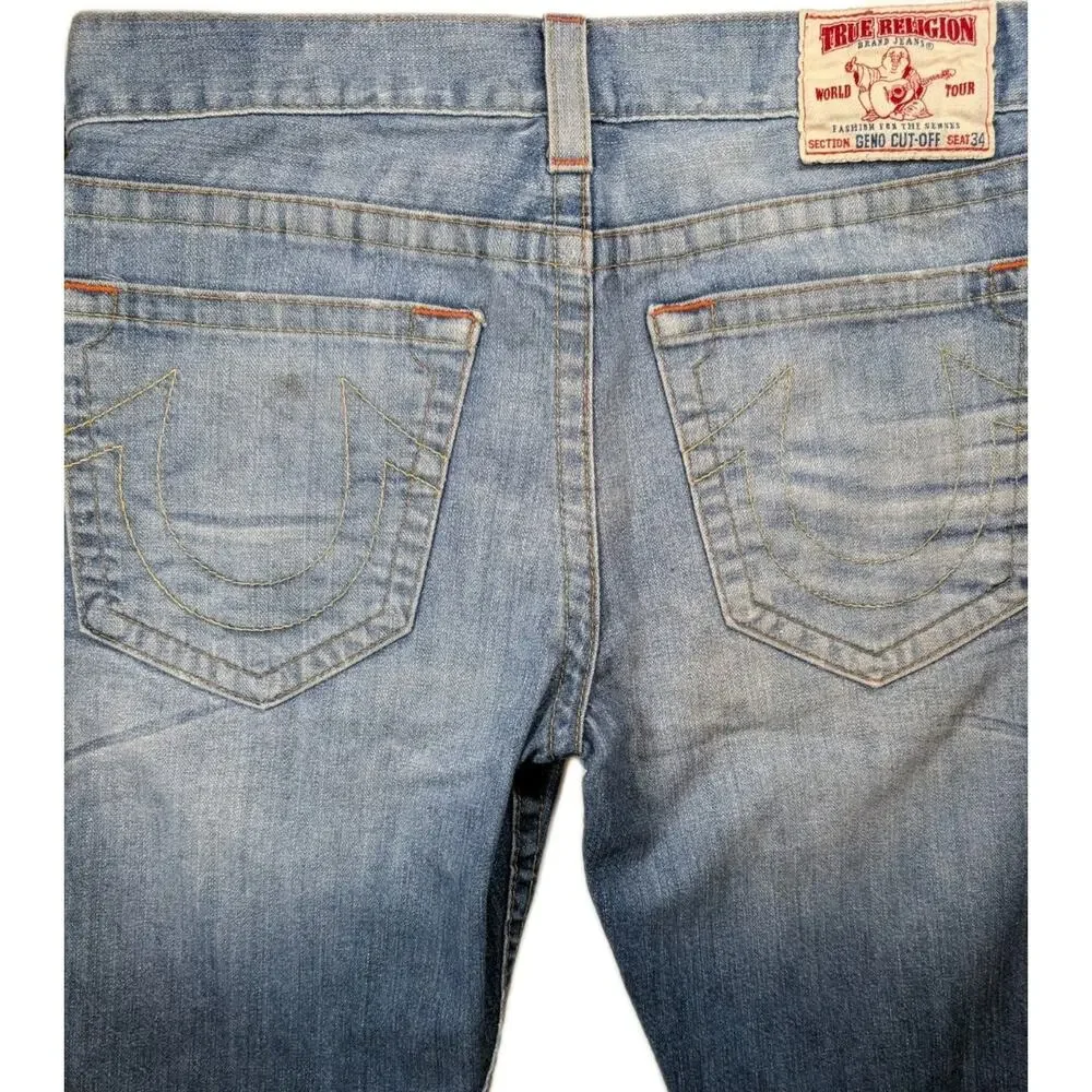 True Religion Geno Cutoff Denim Shorts Men's 33 (35) USA Longline Raw Hem
